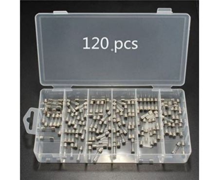 Biella 120 PCS Glass Tube Fuse, Assorted Kits with 5A/1A/2A/3A/7A/6A/5A/4A/8A/10A/13A/15A, Fast-Blow Glass Fuses Glass Fiber Reinforced Plastic, Silver