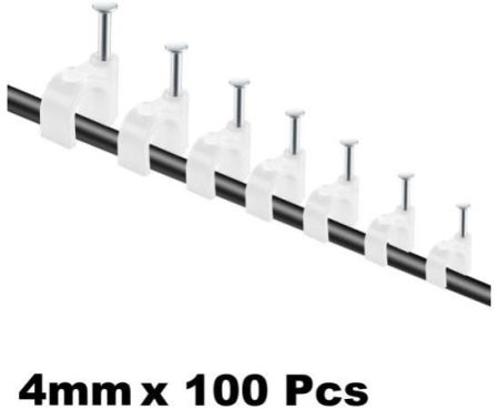 Electrical Cable Wire Round Clips, Steel Nails Tacks Holder for Organizing Electric Wires Cables Lines - White (4mm - 100Pcs)