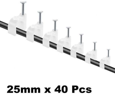 Electrical Cable Wire Round Clips, Steel Nails Tacks Holder for Organizing Electric Wires Cables Lines - White (25mm - 40Pcs)
