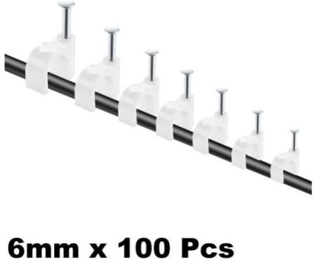 Electrical Cable Wire Round Clips, Steel Nails Tacks Holder for Organizing Electric Wires Cables Lines - White (6mm - 100Pcs)