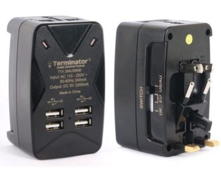 Terminator Travel Adaptor Multi Plugs with One Universal Socket and 4 USB Charging Sockets of 5V3.2A TTA394USB4B