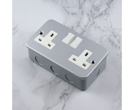 13A 2 Gang 250VAC UK Standard Double Wall Socket Metal Style with Iron Bottom Box for Warehouse Workshops Garage Factory.