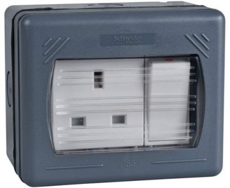 Schneider GWP3010 Exclusive Weatherproof Double Pole Switched Socket (13 A, 230VAC, 1 Gang, Grey)