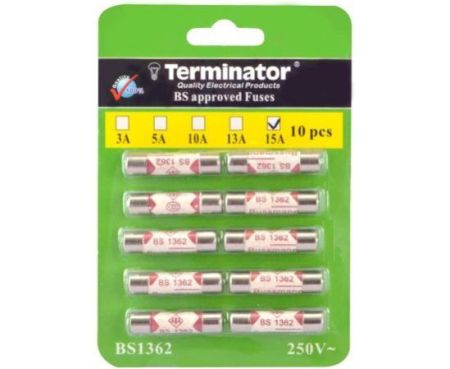 Terminator Porcelain Ceramic Fuse 10 pcs Pkt, 6x25mm Fast Blow Ceramic Fuses (15A Pack of 10pcs)