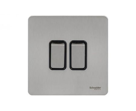 Schneider Electric GU1422BSS 2 Gang Ultimate Screwless Rocker Flat Plate Switch, Stainless Steel with Black Interior