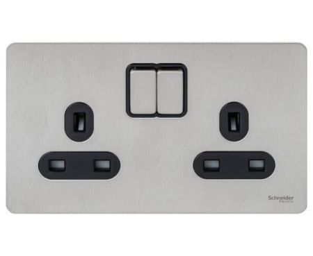 Schneider Electric GU3420-BSS 2-Gang 13A Ultimate Screwless Flat Plate Switched Socket, Stainless steel with Black