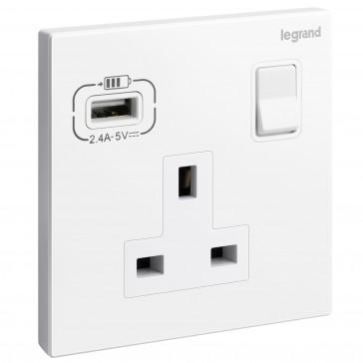 Legrand 13A Switch Socket 1Gang + USB A-Type Galion White 282441