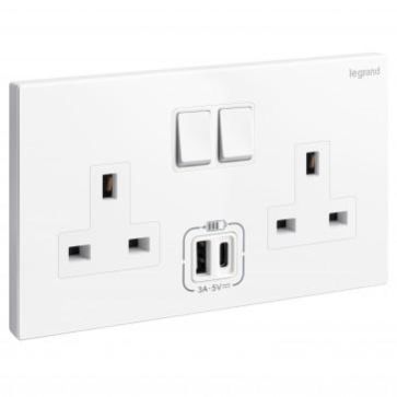 Legrand 13A Switch Socket 2Gang + USB A-Type + C-Type Galion White 282443