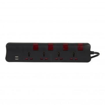 Legrand Universal 4 Switch Socket Extension + 2 USB 1.2A With 3Mtr Cord (Black) 698502