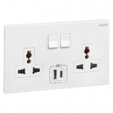 Legrand Universal Switch Socket 2Gang + USB A-Type + C-Type Galion White 282444