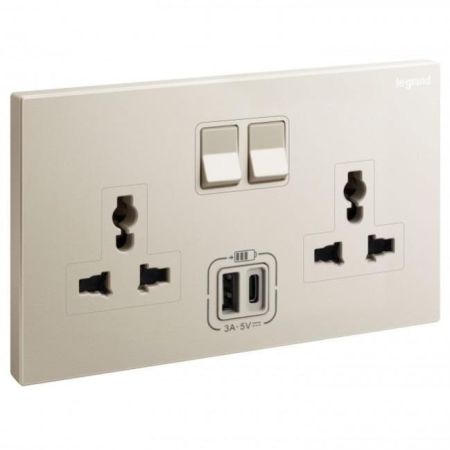 Legrand Universal Switch Socket 2Gang + USB A-Type + C-Type Galion Champagne - 282444-C2