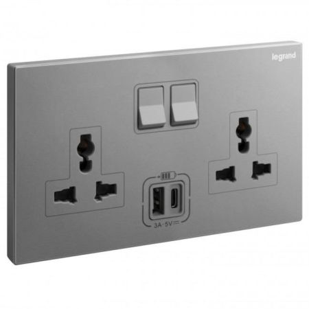 Legrand Universal Switch Socket 2Gang + USB A-Type + C-Type Galion Dark Silver - 282444-C3