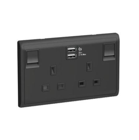 Schneider Pieno Matt Black 13AX 2G Switch Socket with USB - E82T25USB-MB-G12