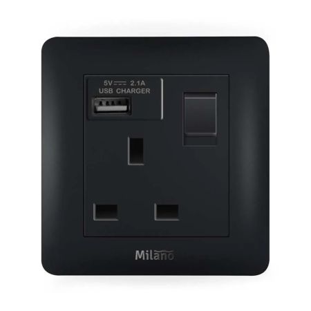 Milano 13A Brush Black Switched Socket With 2.1A USB-210100300464